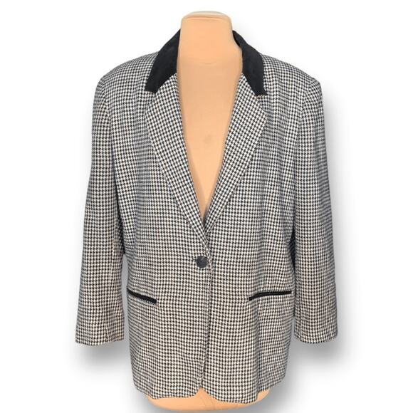 Vintage 90s Oversized Black White Blazer Jacket Houndstooth Velvet Collar Wool - Picture 1 of 8
